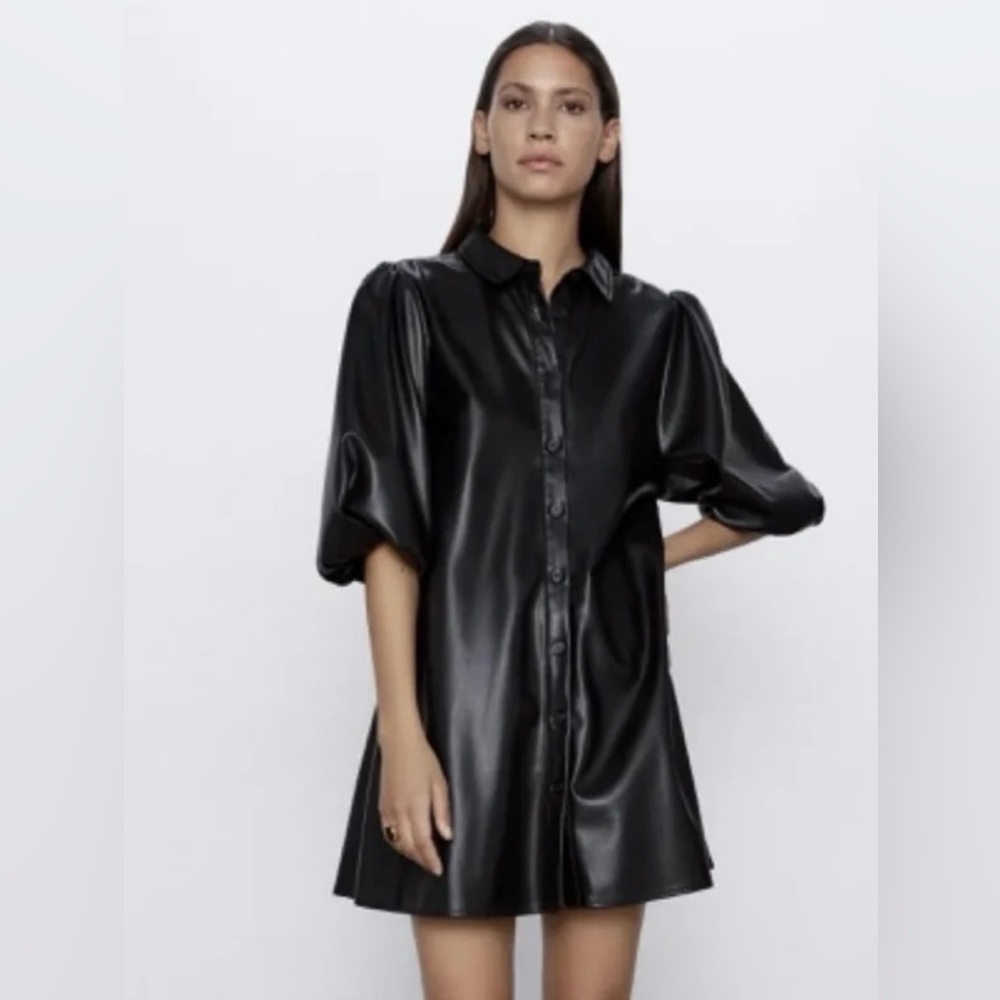 Zara Black Faux Leather Button-Up Dress